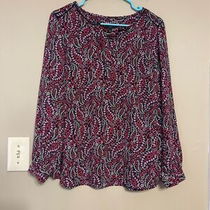 Talbots Womens Pink Black White Floral VNeck Blouse Petite Large LP